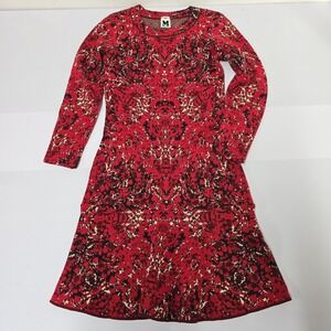 M Missoni Womens Red Abstract Knit Long Sleeve Fit and Flare Dress Size 38